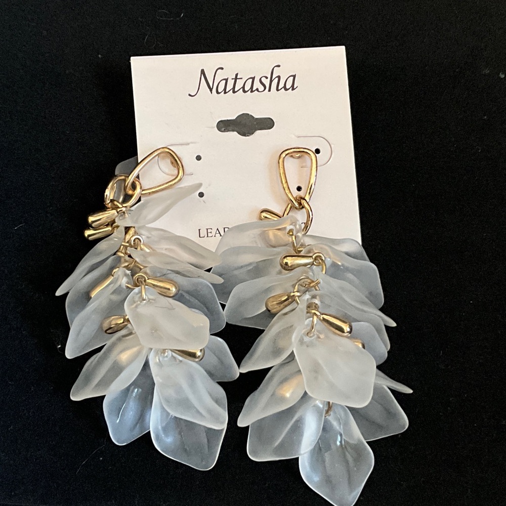 Natasha Couture Frosted White Leaf Cluster Drop Earrings with Gold Accents